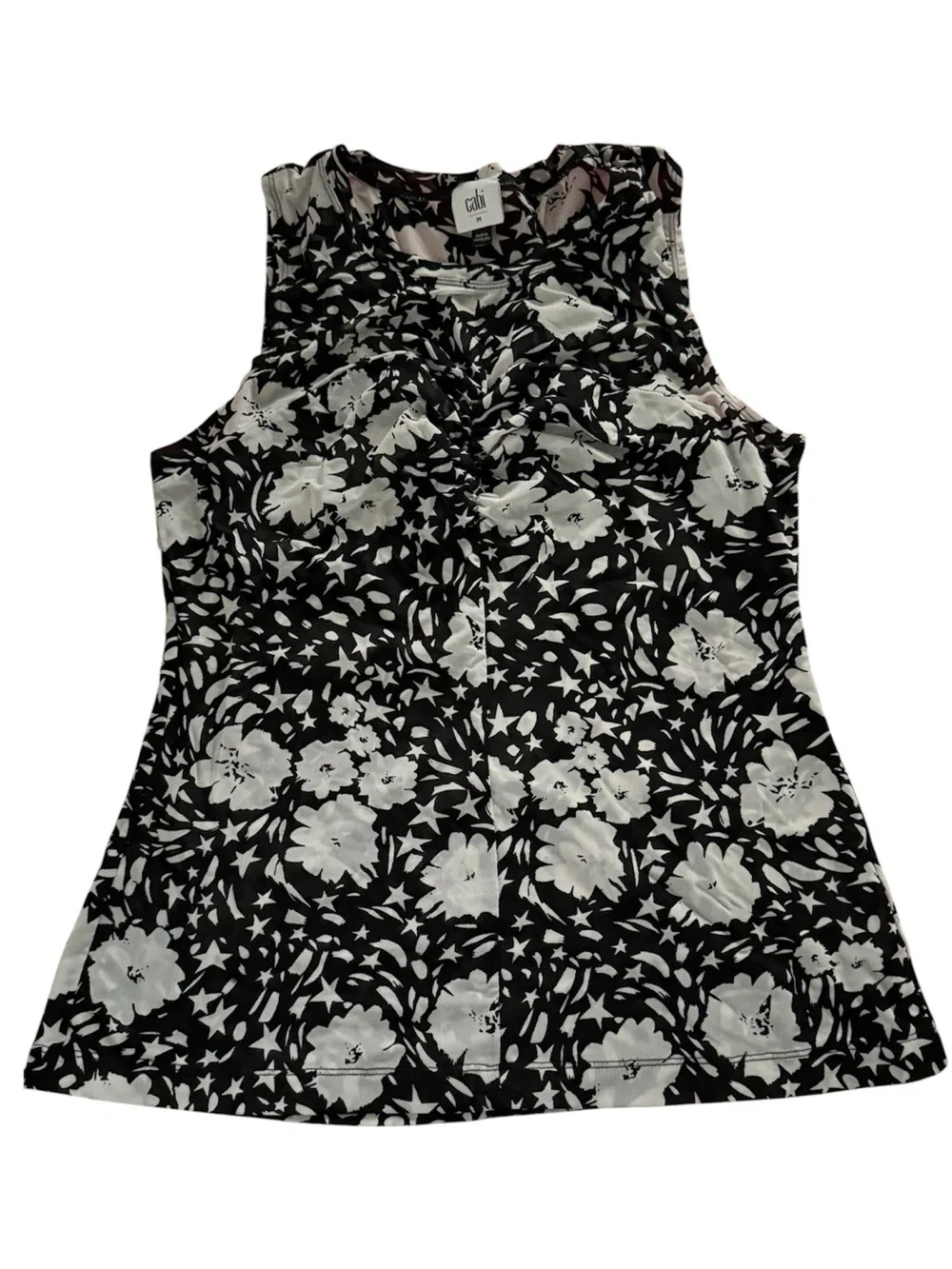 CAbi Black & White Floral Gathered Neck Sleeveless Top